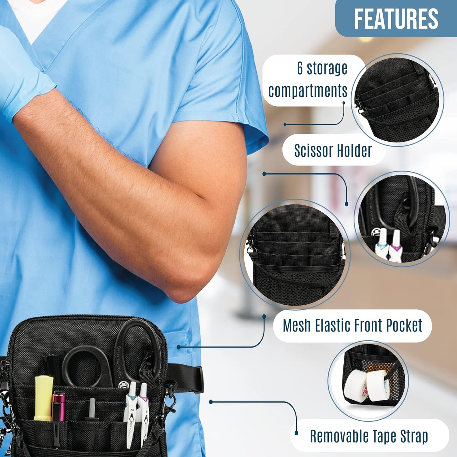 4-In-1 Nurse Fanny Pack with Medical Gear Pockets, Tape Holder, and Utility Storage for Stethoscopes, Bandage Scissors, and Emergency Supplies, Student and Nurse Use (Black)